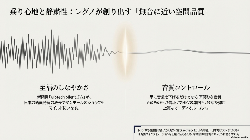新開発のゴムで至福のしなやかさを実現し、EVやHEVの車内を上質なオーディオルームへ変えるレグノの静粛性と乗り心地