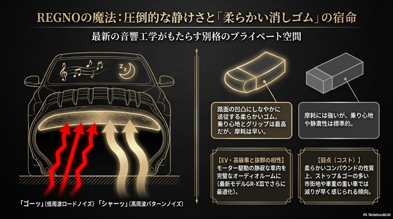 レグノがロードノイズやパターンノイズを吸収する仕組みと、乗り心地が良い反面摩耗が早い柔らかいゴムの解説図