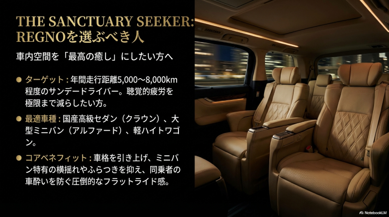 車内空間に最高の癒やしを求める国産高級セダンやミニバンユーザーにおすすめのレグノ