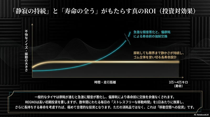 レグノの静寂の持続と寿命の全うがもたらす投資対効果のグラフ