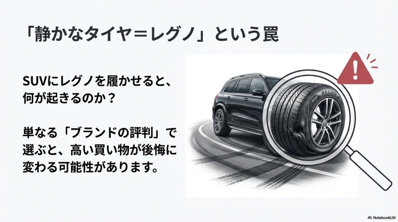 SUVにレグノを装着した際のタイヤ変形リスクを示す警告図