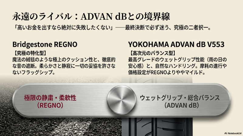 究極の特化型であるブリヂストン・レグノと、高次元のバランス型であるヨコハマ・アドバンデシベルの特徴比較