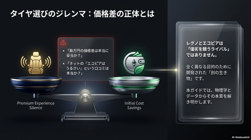 レグノのプレミアム体験とエコピアの初期コストを比較する天秤の図解
