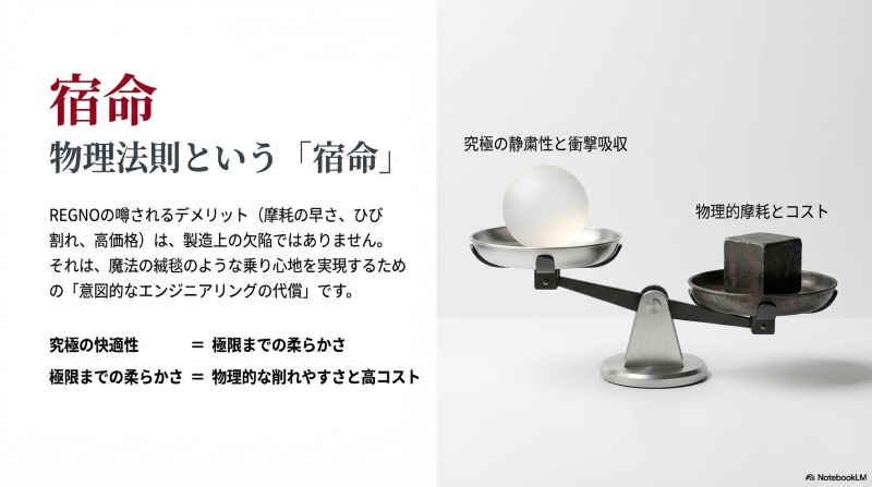 極限までの柔らかさによる究極の快適性と、削れやすさ・高コストがトレードオフの関係にあることを示す天秤の図