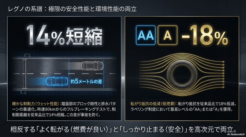 ウェット性能による制動距離14%短縮と転がり抵抗18%低減を実現したレグノの安全性能と環境性能