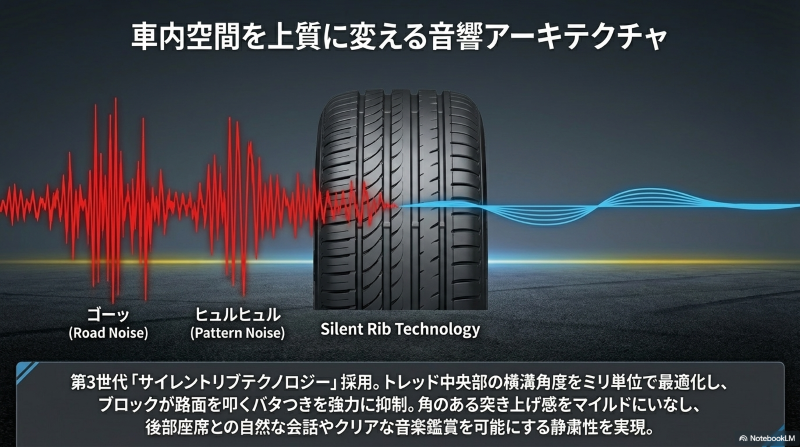トレッド中央部の溝角度を最適化しロードノイズを抑制する第3世代サイレントリブテクノロジー