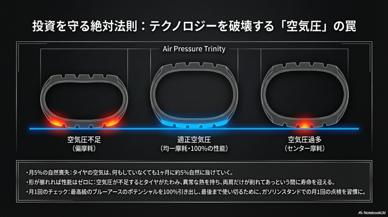 空気圧不足による偏摩耗、適正空気圧での均一摩耗、空気圧過多によるセンター摩耗のタイヤ断面比較図 