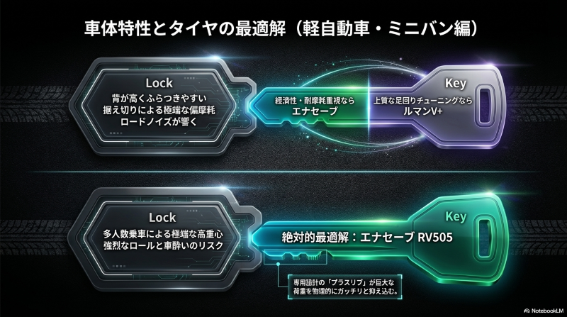 軽自動車とミニバンの車体特性に合わせたエナセーブとルマンの選び方図解