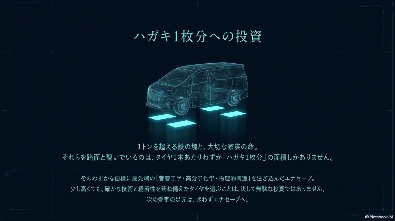 車体全体を支えるタイヤの接地面が、1本あたりハガキ1枚分であることを強調するミニバンの透視図