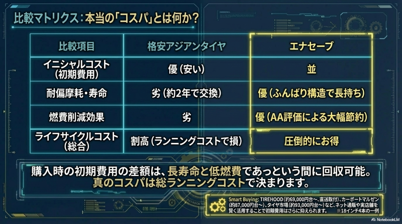 初期費用、耐偏摩耗・寿命、燃費削減効果から算出する、エナセーブと格安アジアンタイヤのライフサイクルコスト比較マトリクス