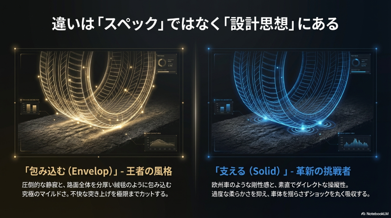 レグノのマイルドな柔らかさと、ビューロのしっかりとした剛性感を示すタイヤのワイヤーフレーム解説図