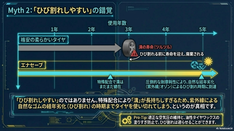 格安タイヤがひび割れる前に寿命を迎えるのに対し、エナセーブは耐摩耗性が高く自然なひび割れ時期まで溝が長持ちすることを示す比較図
