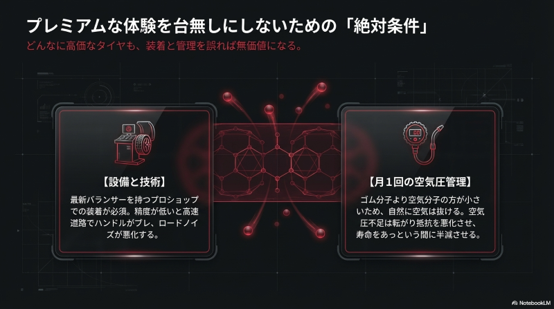 プレミアムタイヤの性能を台無しにしないための、プロショップでの設備装着と月1回の空気圧管理の重要性
