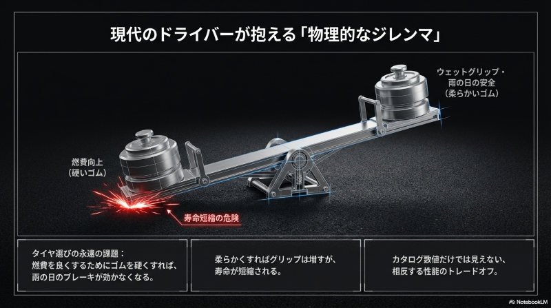  燃費向上と雨の日の安全（ウェットグリップ）の相反する性能をシーソーで表した図 