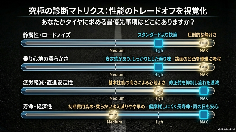 静粛性、乗り心地、疲労軽減、寿命などのタイヤに求める最優先事項からレグノとプレイズの適性を比較するマトリクス表