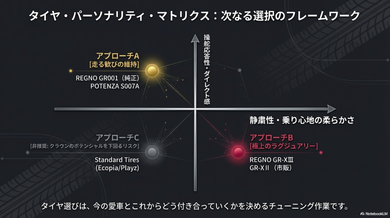 操舵応答性と静粛性で選ぶタイヤ・パーソナリティ・マトリクス