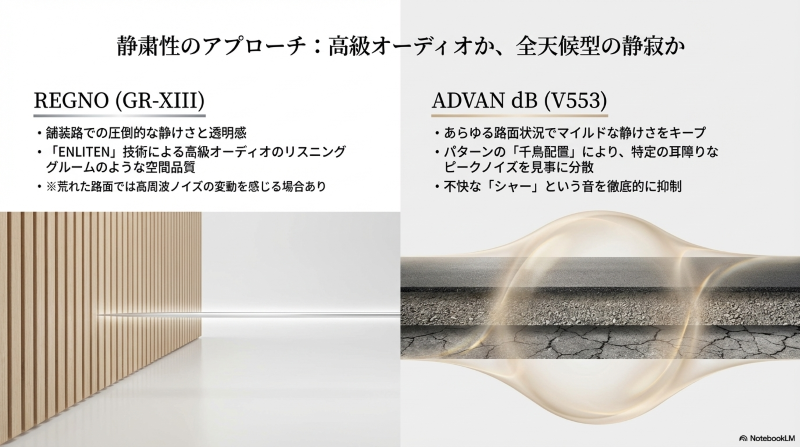 高級オーディオのようなレグノと全天候でマイルドなアドバンdbの静粛性アプローチ