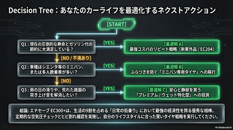 エナセーブEC300+の寿命後に、コスパ維持かミニバン専用かプレミアムタイヤかを選ぶためのYES/NO診断チャート