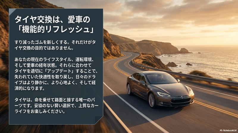 ライフスタイルや車の経年状態に合わせてタイヤをアップデートし、快適で経済的なカーライフを提案するメッセージ