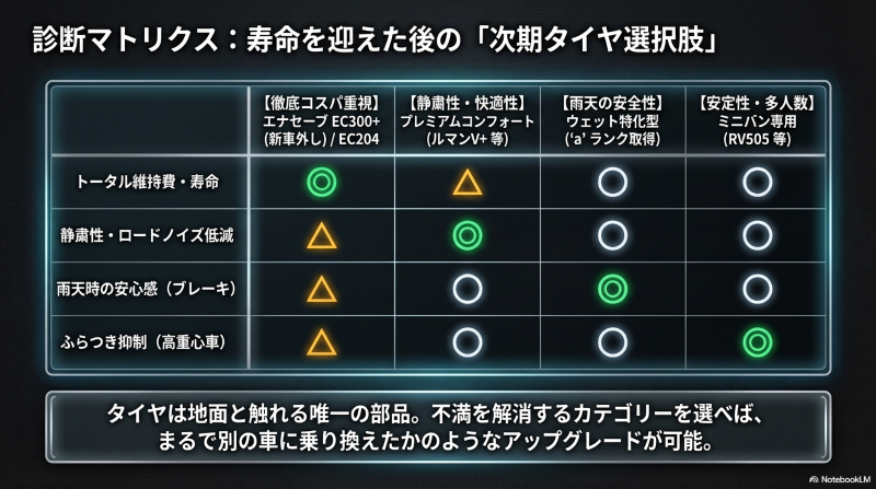 コスパ重視、静粛性重視、ミニバン専用など、用途に合わせた次期タイヤの性能比較表
