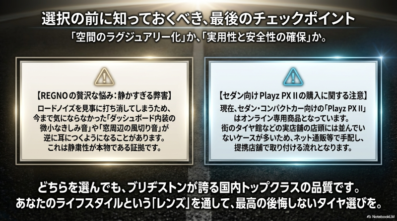 レグノが静かすぎるゆえの弊害と、セダン向けプレイズPX IIがオンライン専用商品であることの注意喚起スライド