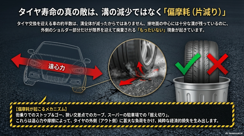 車のカーブ時に遠心力でタイヤの外側に負荷がかかり、偏摩耗が発生してしまうメカニズムの解説図