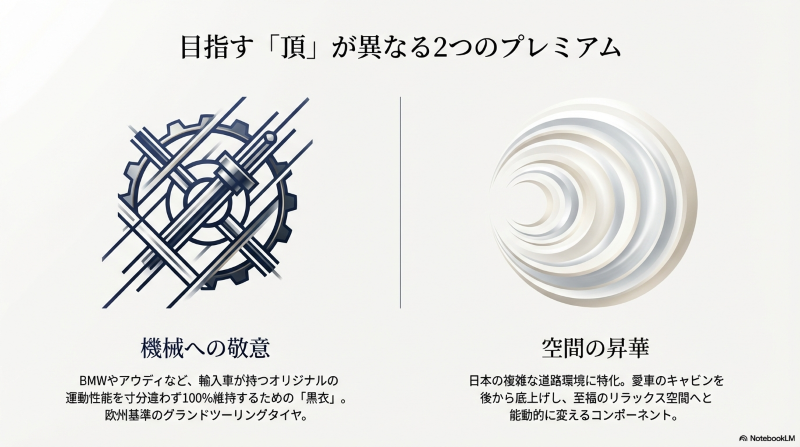 欧州基準のグランドツーリングタイヤであるトランザと、日本の道路環境に特化して空間を昇華させるレグノのコンセプトの違い