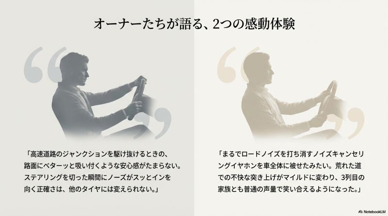 路面に吸い付く安心感を語るトランザオーナーと、ノイズキャンセリングのような静けさを語るレグノオーナーの口コミ