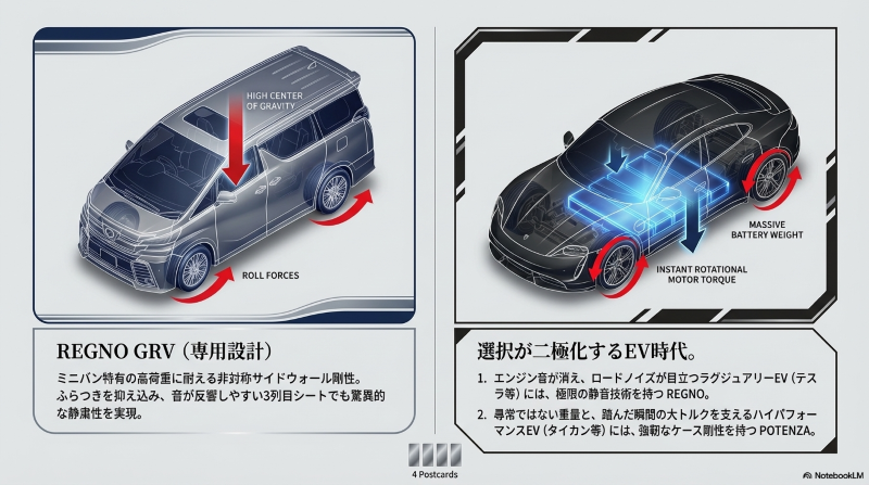 ミニバンのロール現象とEVの重量・トルクによるタイヤへの負担イメージ