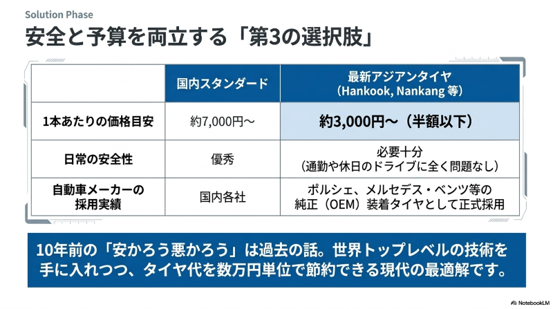 国内スタンダードタイヤと最新アジアンタイヤの1本あたりの価格目安、日常の安全性、自動車メーカーの採用実績の比較表