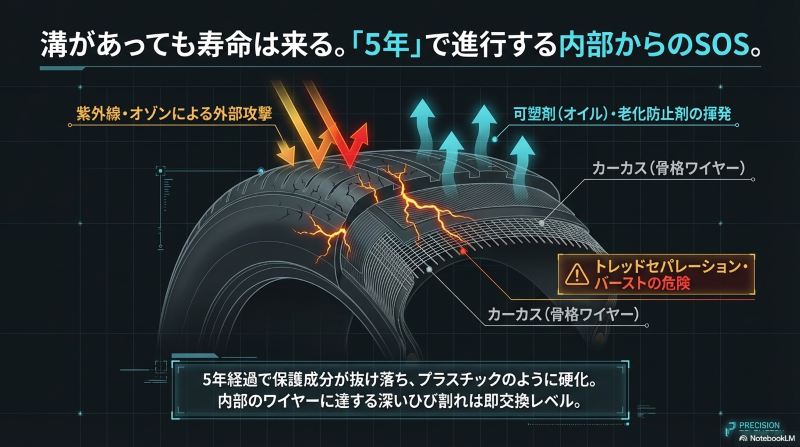 紫外線やオゾンによる外部攻撃と内部保護成分の揮発によるタイヤ劣化の断面図
