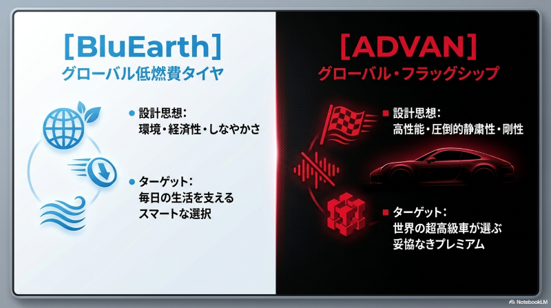 ブルーアースの環境設計思想とアドバンの高性能プレミアム設計思想の比較