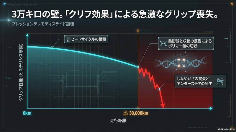 走行距離30,000kmを境にヒステリシス摩擦が急激に低下するグラフ