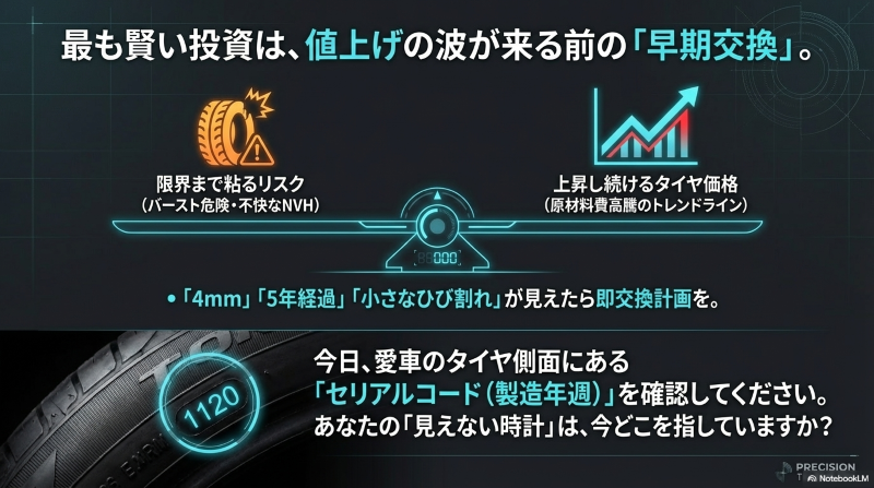 タイヤ価格の上昇トレンドと限界まで粘るバーストのリスクを示すグラフ