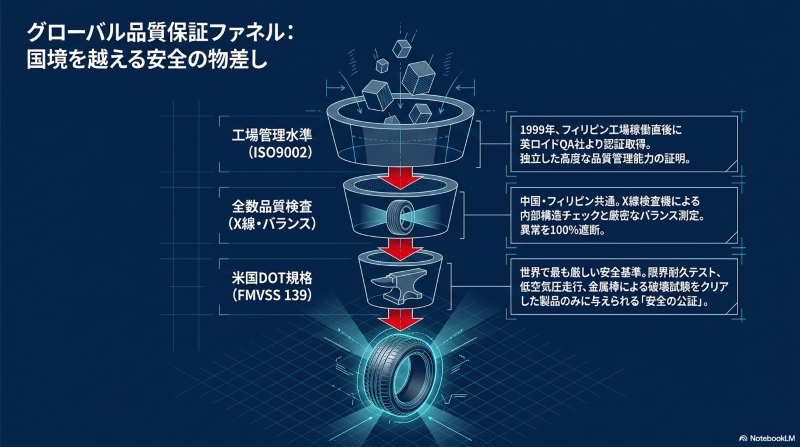 ISO9002、全数品質検査、米国DOT規格といった厳しい基準のフィルターをクリアして出荷されるブルーアースの品質保証プロセス図