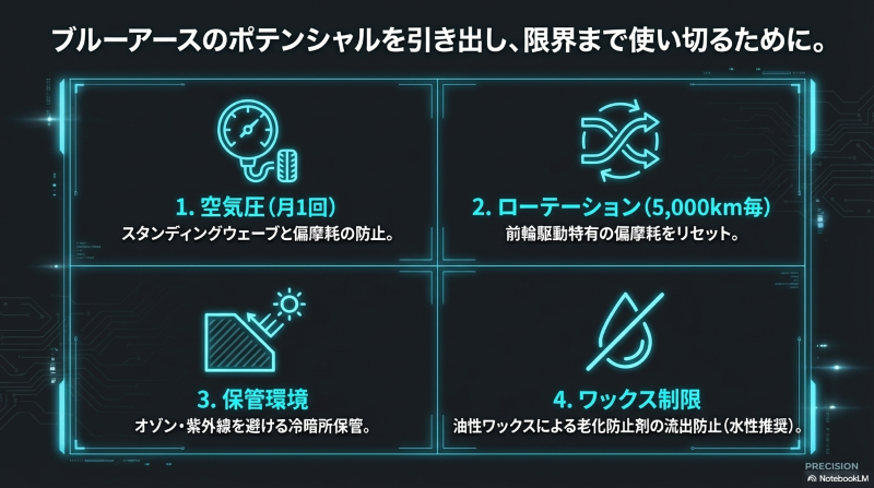 空気圧点検、ローテーション、保管環境、ワックス制限のアイコン