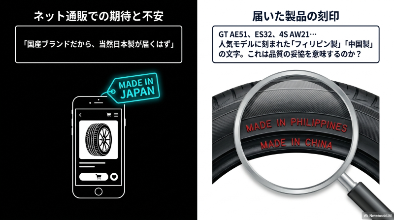 ブルーアースGT AE51などの人気モデルに刻まれたフィリピン製や中国製の文字と、ネット通販に対する消費者の不安を表すイメージ