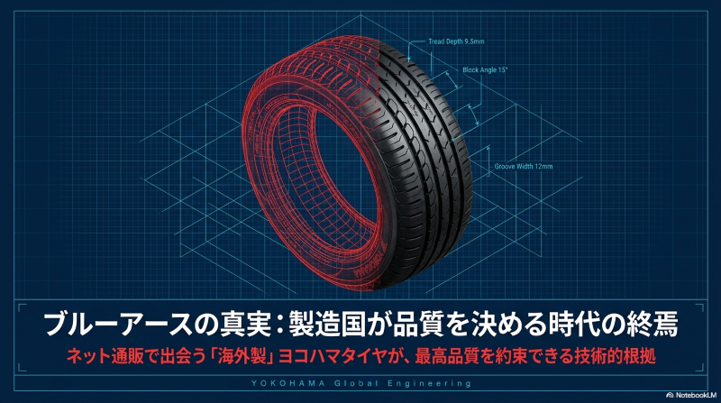 ブルーアースの製造国が品質を決める時代の終焉を示すタイトル画像とタイヤの3D構造図