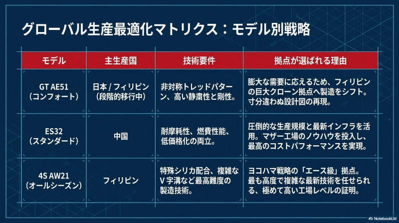 ブルーアースGT AE51、ES32、4S AW21の主生産国とそれぞれの拠点が選ばれる理由をまとめたモデル別戦略の表