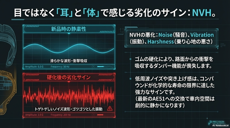 ゴムの硬化によるノイズ波形の変化と振動の増加を示すグラフ