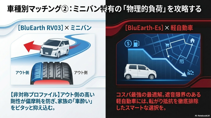 ミニバンのふらつきや偏摩耗を防ぐブルーアースRV03の非対称プロファイル構造