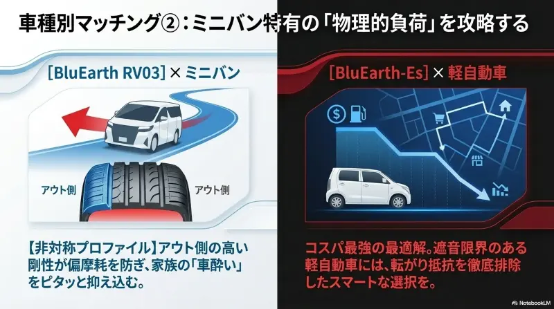 ミニバンのふらつきや偏摩耗を防ぐブルーアースRV03の非対称プロファイル構造