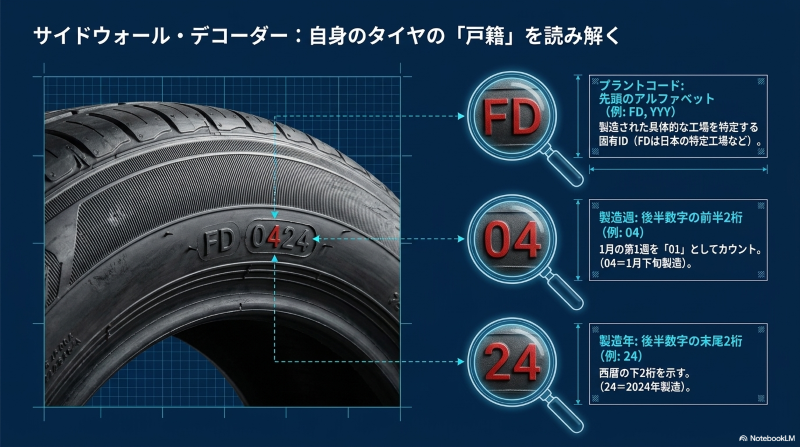 タイヤ側面のセリアルナンバー（FD0424）からプラントコードや製造週・年を正確に読み解く手順の図解