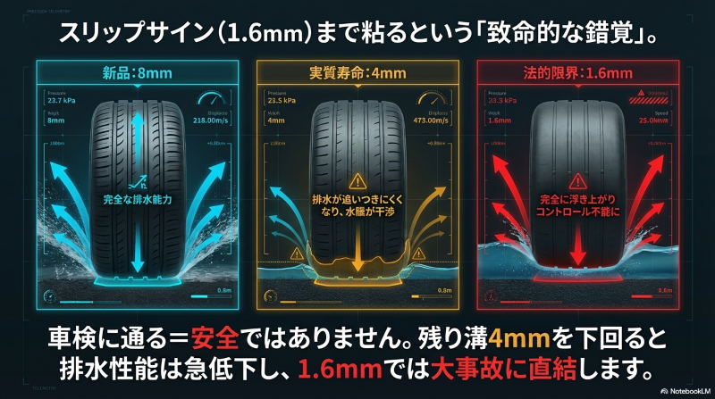 溝が1.6mmになると排水能力が低下しハイドロプレーニング現象で浮き上がるタイヤ