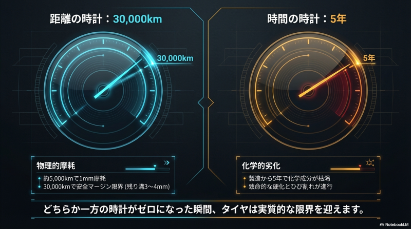 30,000kmの距離の時計と5年の時間の時計によるタイヤの限界