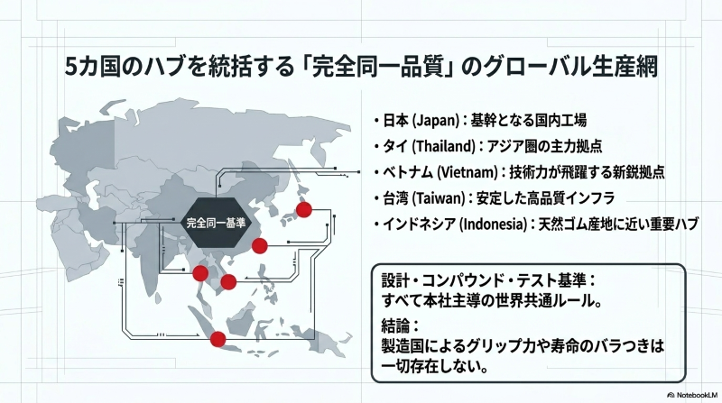 日本、タイ、ベトナム、台湾、インドネシアの5カ国を統括し完全同一基準で生産するグローバル生産網マップ