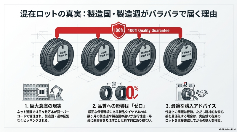 巨大倉庫の管理システムにより日本や海外の製造国・製造週がバラバラで届く理由と品質への悪影響がゼロであることを示す解説図