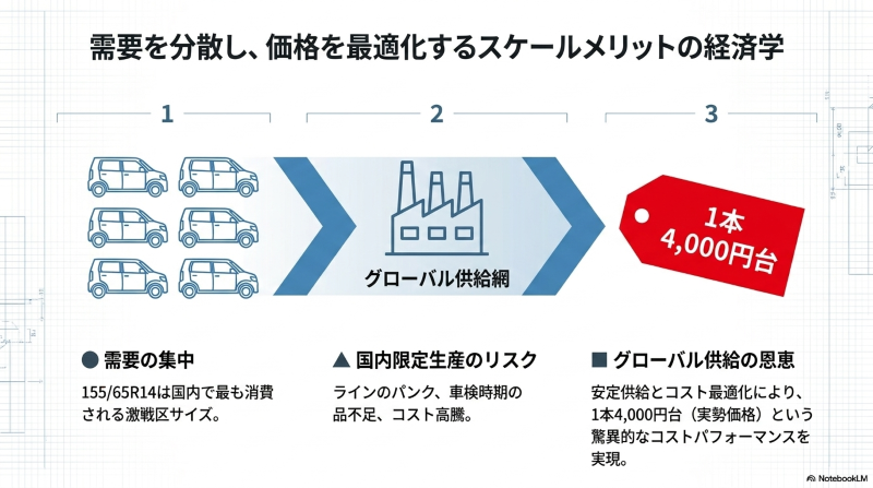 車種需要を分散しグローバル供給網を活用することで1本4,000円台を実現するスケールメリットの図解