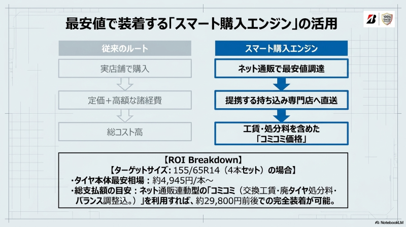 ネット通販での最安値調達と提携持ち込み専門店への直送を組み合わせ工賃・処分料含め約29,800円で装着するスマート購入エンジンのフロー図