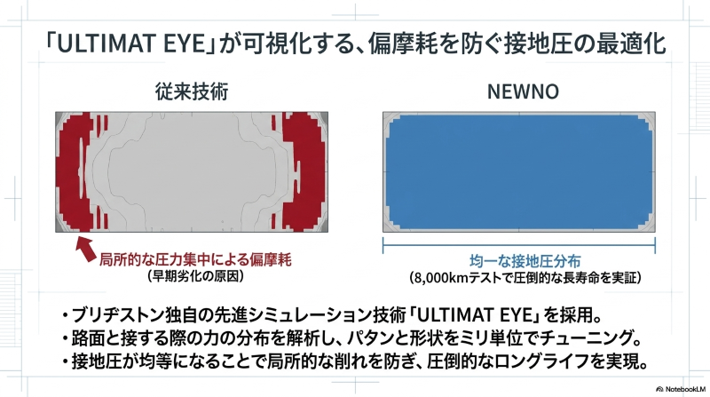 独自技術ULTIMAT EYEによって偏摩耗を防ぎ均一な接地圧分布を実現した従来技術とNEWNOの比較シミュレーション画像